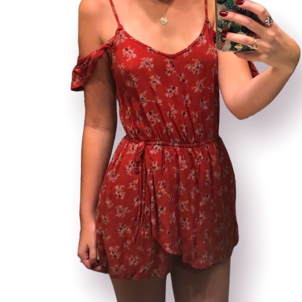 AMERICAN EAGLE Floral Romper Boho Wrap Front Cold Shoulder Flutter Sleeve XS